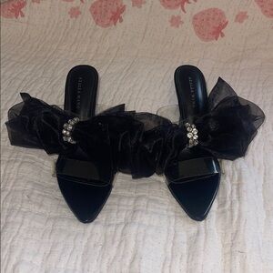Azalea Wang Black Mules with Rhinestone Bow
